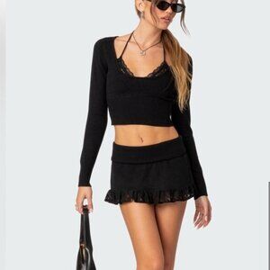 Edikted Black Lace Ruffle Knit Mini Skirt